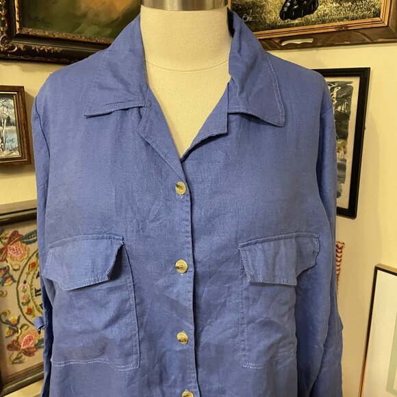 Bridgewater Studio Womens Blue Linen Button-Up Shirt With Pockets - Size 20W - Picture 2 of 5